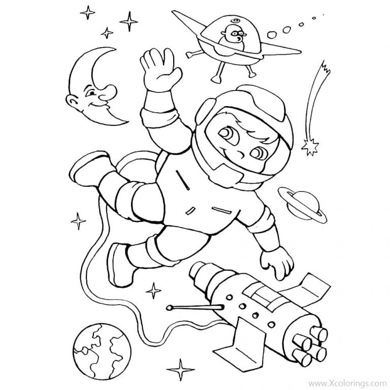 Baby Astronauts Coloring Pages with Rockets and UFO - XColorings.com