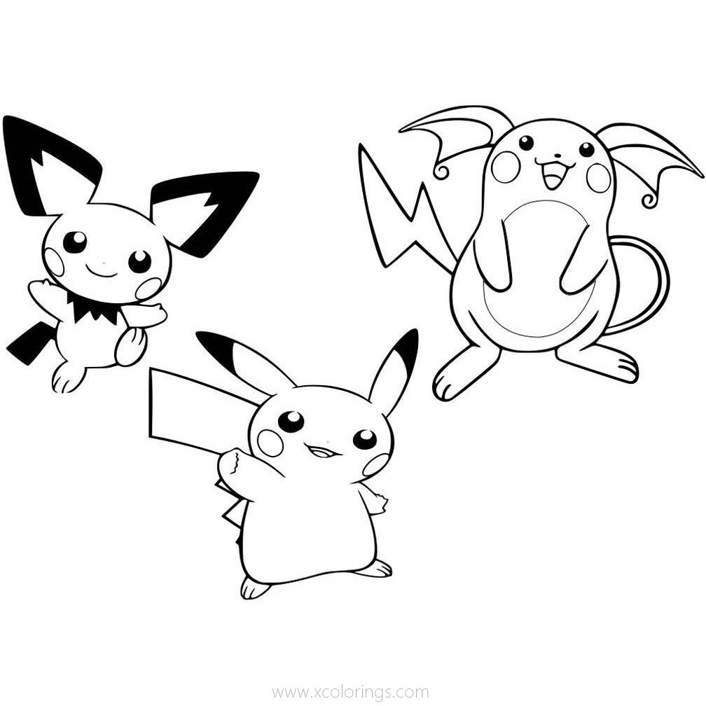 Free Raichu Pichu and Pikachu Pokemon Coloring Pages printable