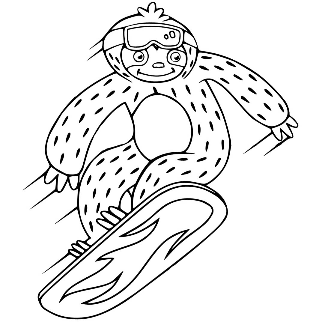 Free Sloth Coloring Pages with Snowboard printable