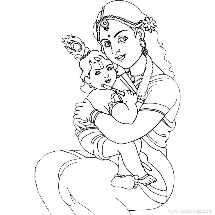 Free Baby Krishna with Mother Coloring Pages printable