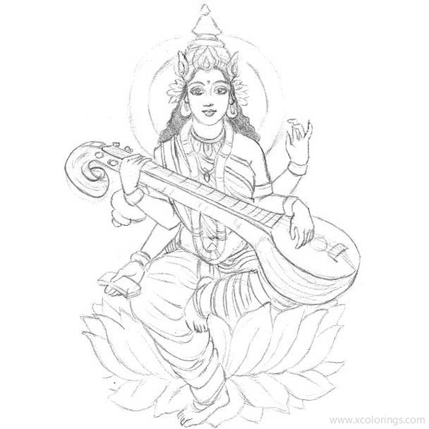 Free Beautiful Goddess Saraswati Coloring Pages printable