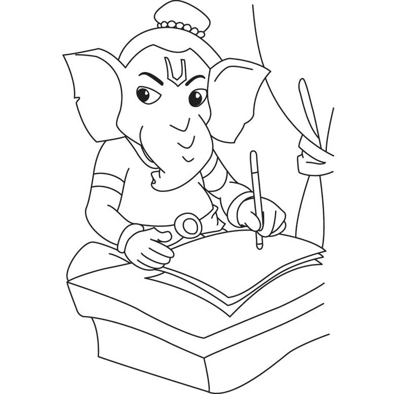 Free Cartoon Ganesha is Writing Coloring Pages printable