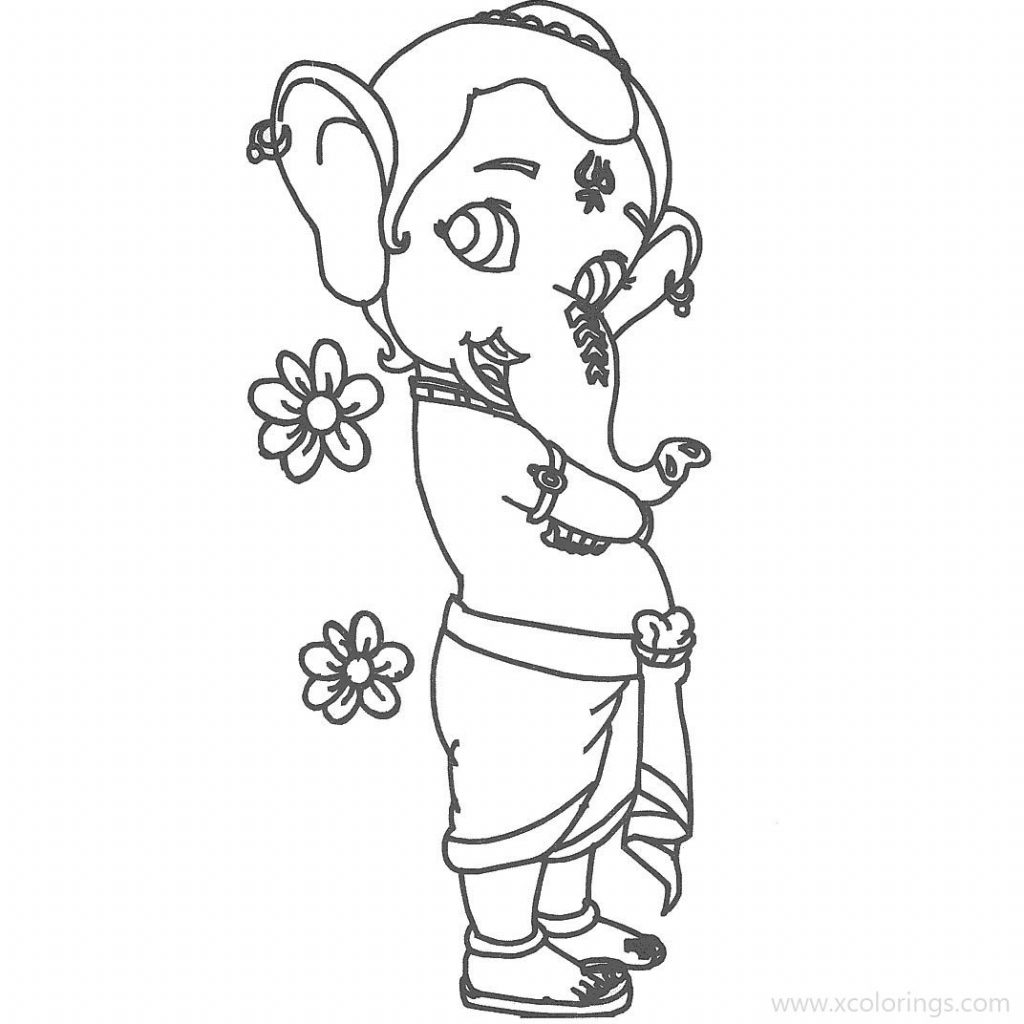 Cartoon Ganesha is Writing Coloring Pages - XColorings.com