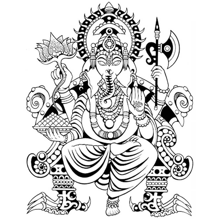 Free Ganesha Coloring Pages with Hatchet and Lotus printable