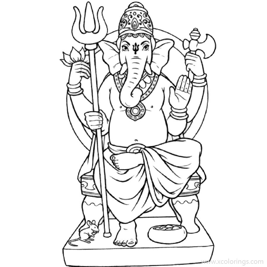 Free Ganesha Coloring Pages with Hatchet and Trident printable