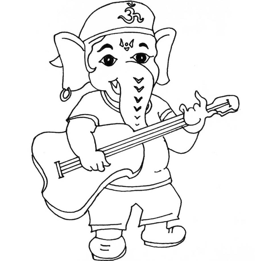 Free Ganesha Playing Guitar Coloring Pages printable