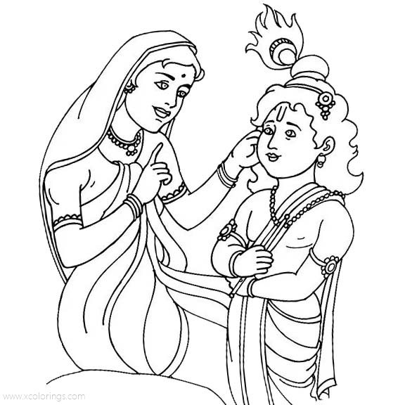 Free Krishna Coloring Pages with Mother Yashoda printable