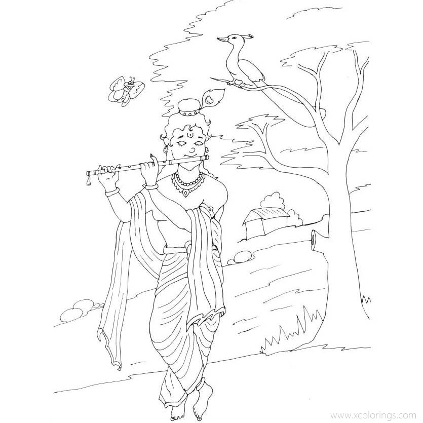 Free Krishna Coloring Pages with Peacock on the Tree printable