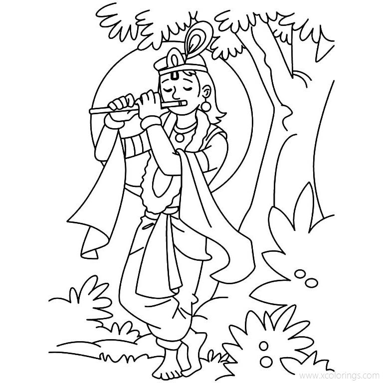 Free Krishna Playing Flute Under the Tree Coloring Pages printable
