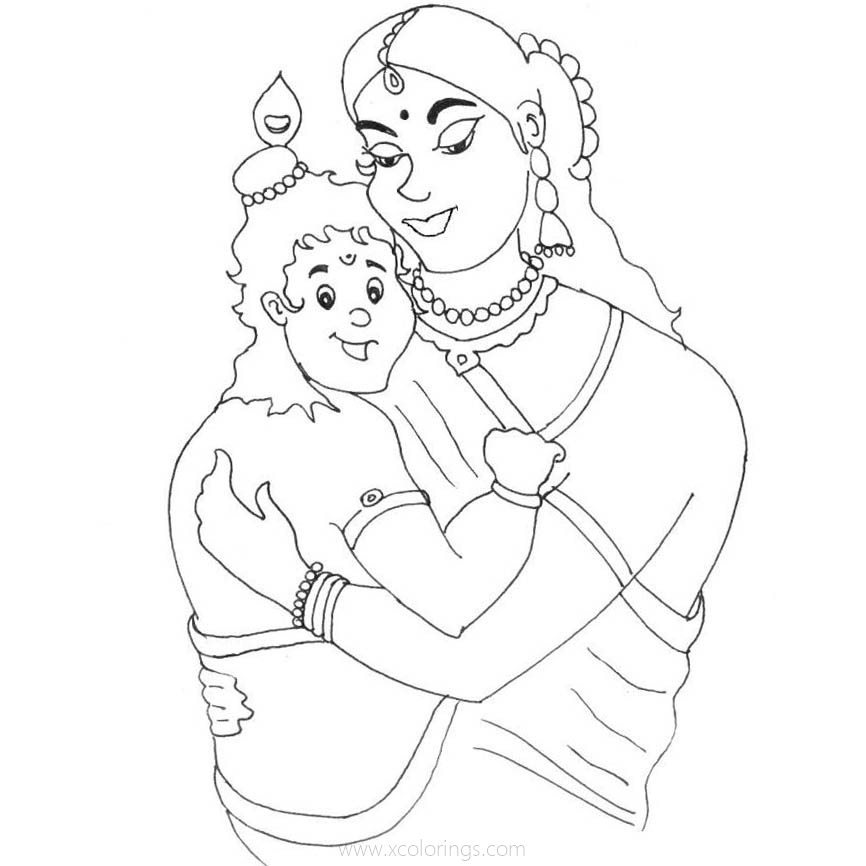 Free Krishna with Mother Yashoda Coloring Pages printable