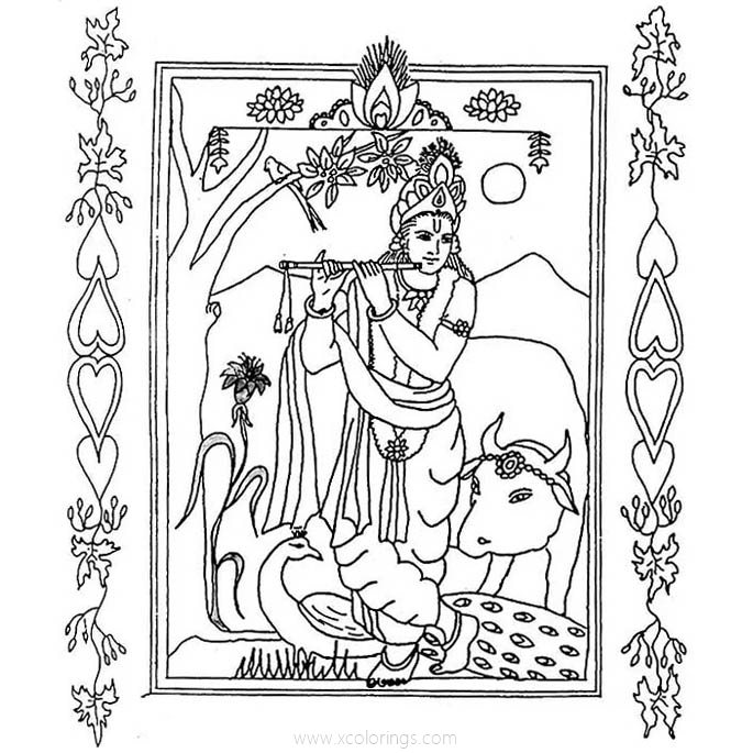 Free Krishna with Peacock and Bull Coloring Pages printable