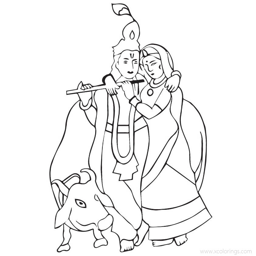 Free Krishna with Radhe and Bull Coloring Pages printable