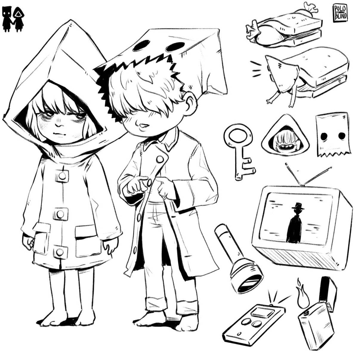 Little Nightmares Coloring Pages Mono and Sixth Black and White