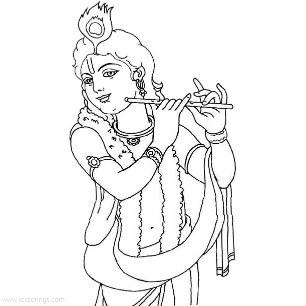 Free Lord Krishna Coloring Pages Playing Flute printable