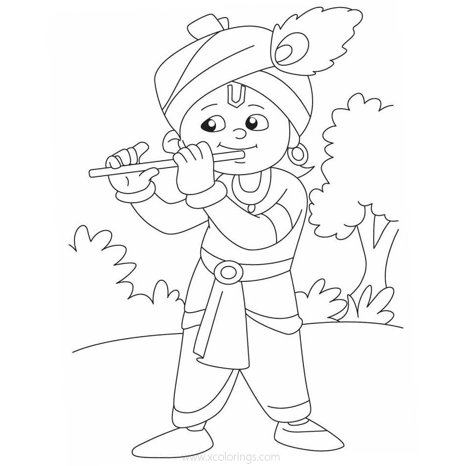 Free Lord Krishna Playing Flute Coloring Pages printable