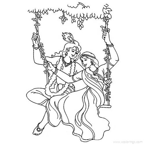 Free Lord Krishna Playing Swing with Radhe Coloring Pages printable