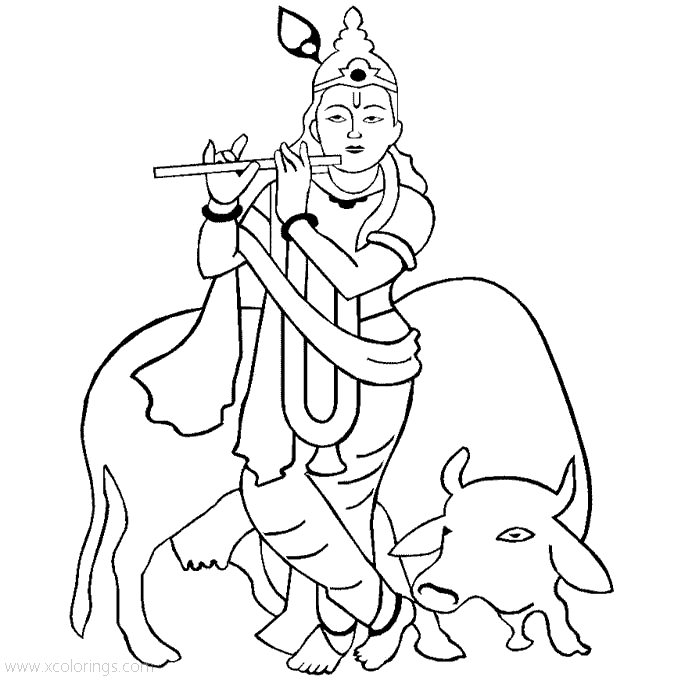 Free Lord Krishna and Bull Coloring Pages printable
