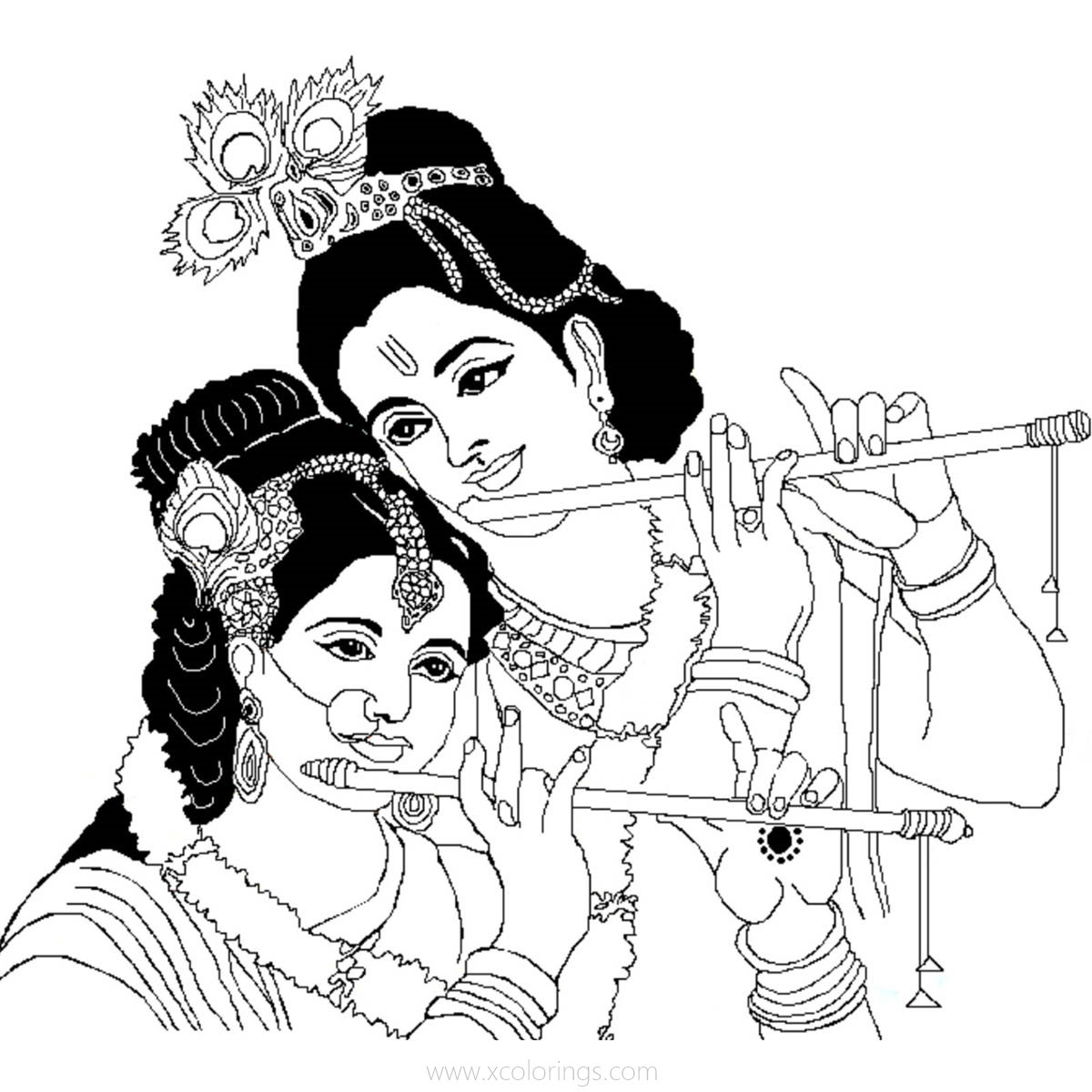 Free Lord Krishna and Radhe Coloring Pages Playing Flutes printable