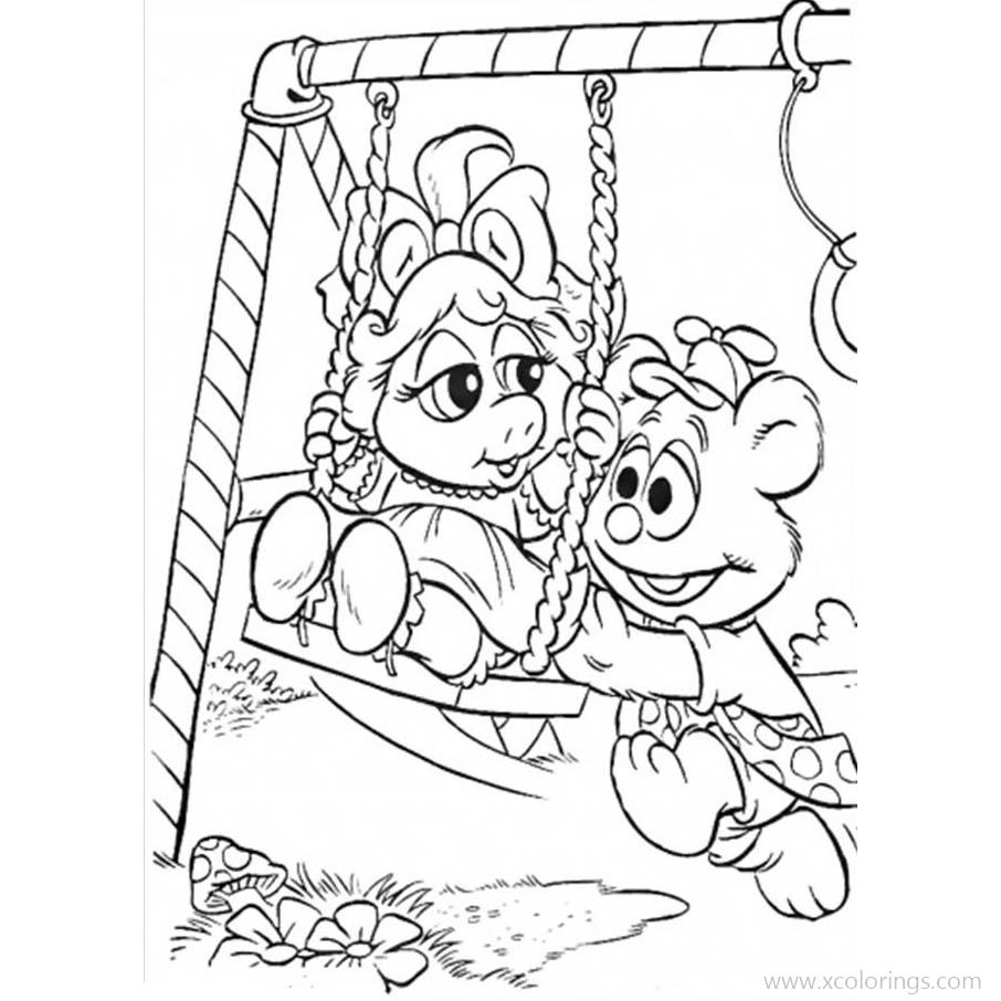 Free Muppet Babies Coloring Pages Miss Piggy is Playing Swing with Fozzie printable
