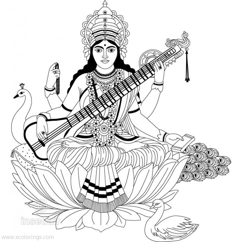 Free Saraswati Coloring Pages with Raghunatha Veena and Peacock printable