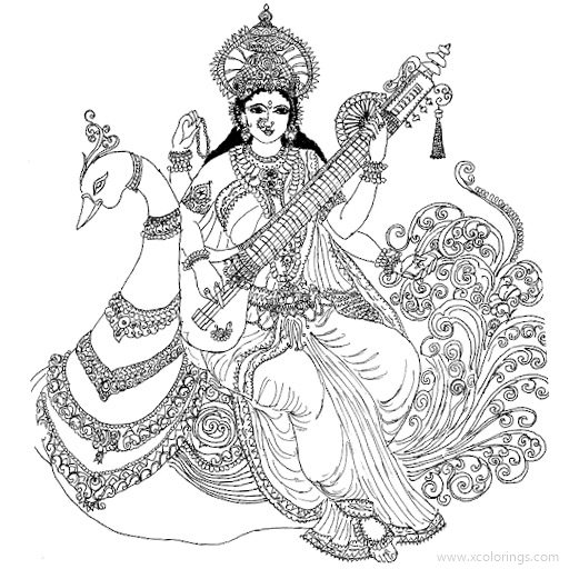 Free Saraswati Coloring Pages with Veena and Peacock printable