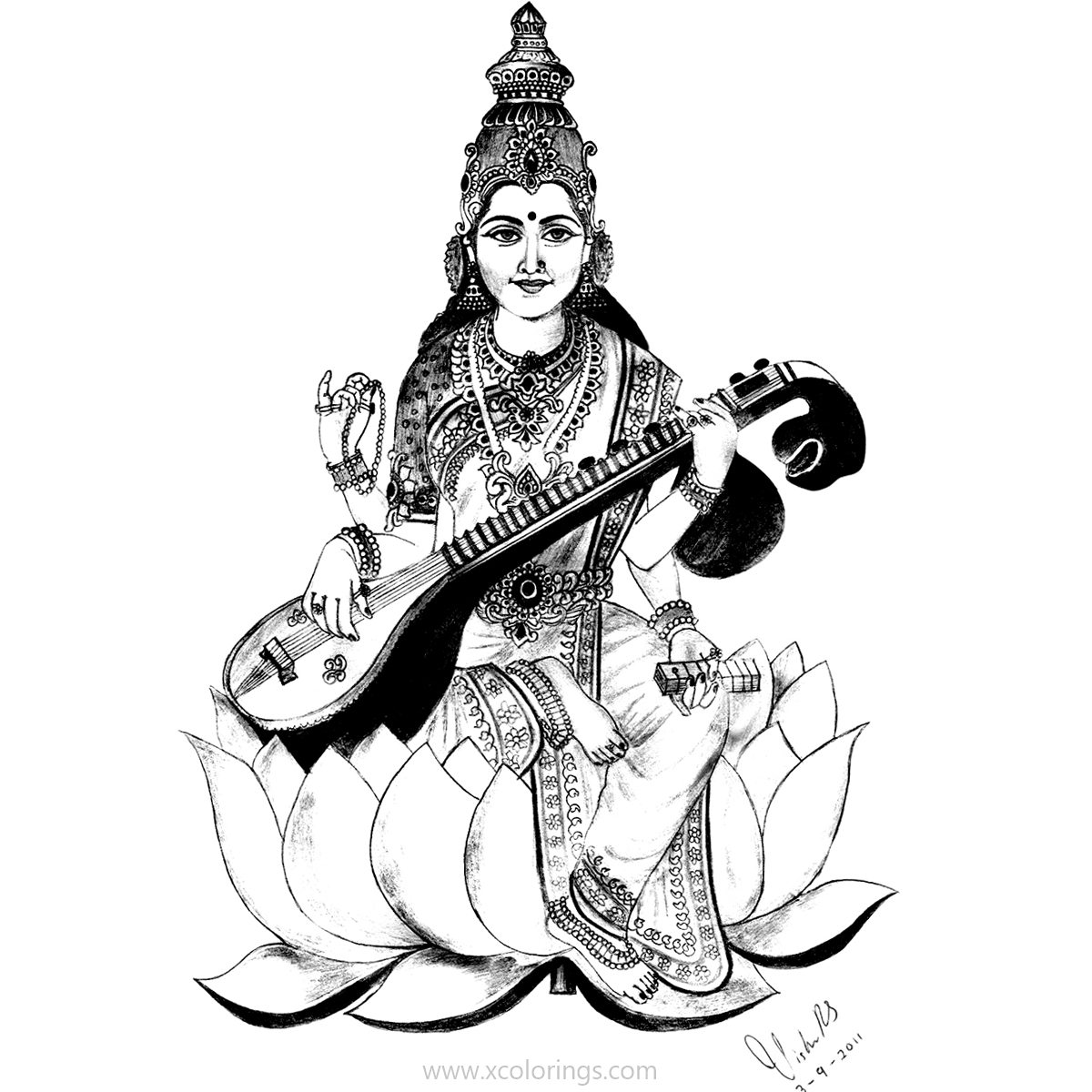 Free Saraswati On Lotus Coloring Pages printable