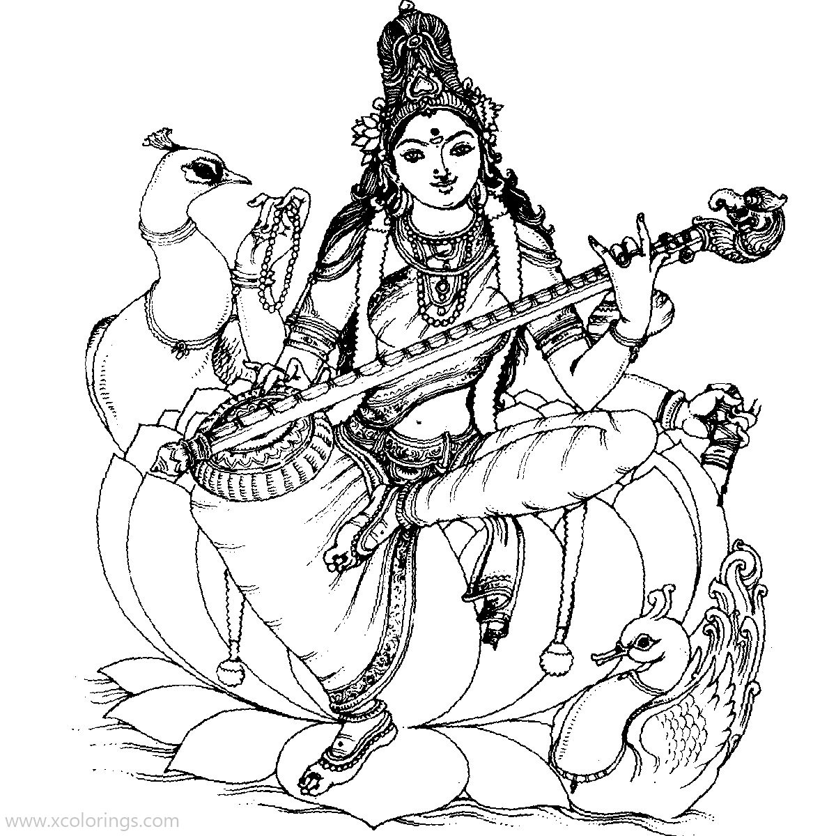 Free Saraswati Playing Music Coloring Pages printable