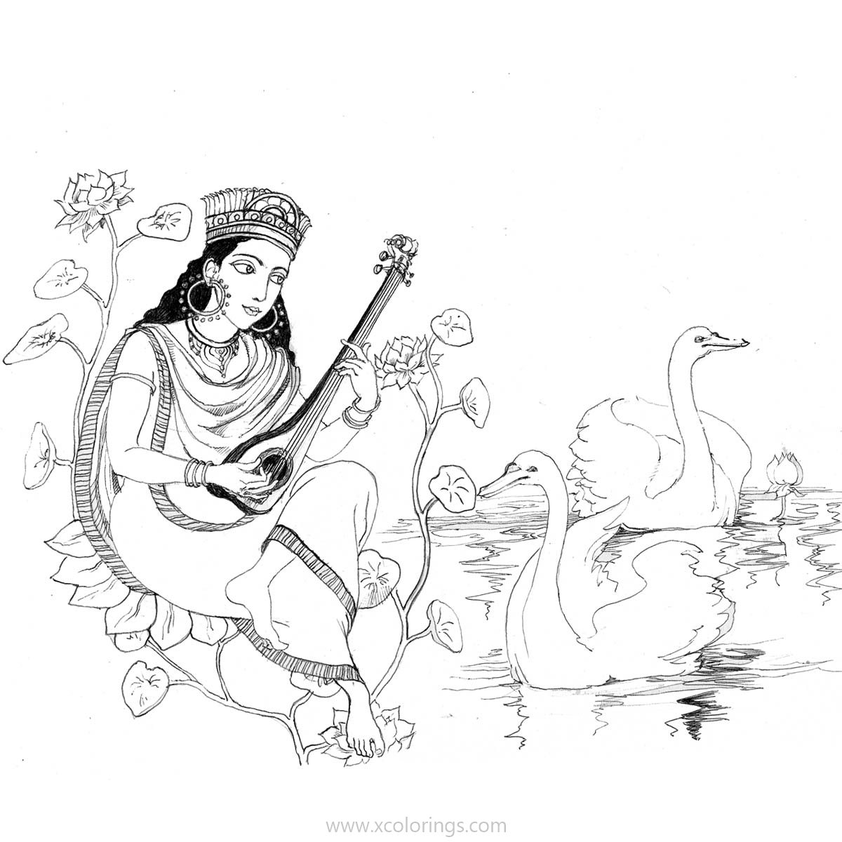Free Saraswati Playing Veena Coloring Pages with Swans printable