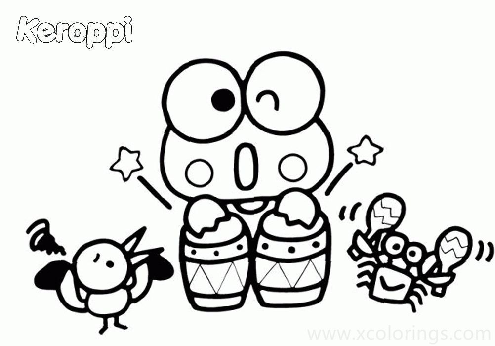 Free Keroppi Coloring Pages Keroppi Playing with Bird and Crab printable